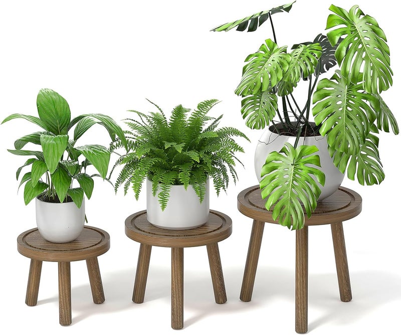 Vecxoty 3-Pack Wood Plant Stands Indoor, Single Plant Stand for 6-12 Inch Pots, Mid-Century Modern Plant Stool, Tall Plant Stand for Large Plants for Living Room, Balcony, Office (Dark Gray) - Image 1
